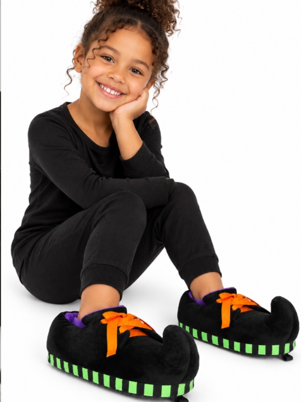 Kids Black Plush Curled Toe Halloween Slippers